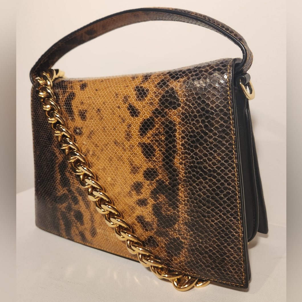 Nwot! Henri Bendel Premium Luxe Line Tan Leather Snakeprint Satchel Clutch Bag